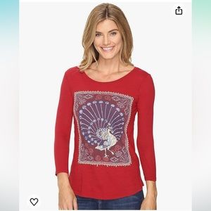 XS Lucky Brand Red & Blue Peacock Print 3/4 Sleeve Cotton Shirt New with Tags!